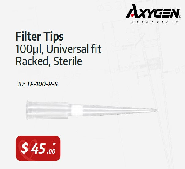Axygen Tips, Filter, Pipette, 100µl, Universal fit, Racked Sterile