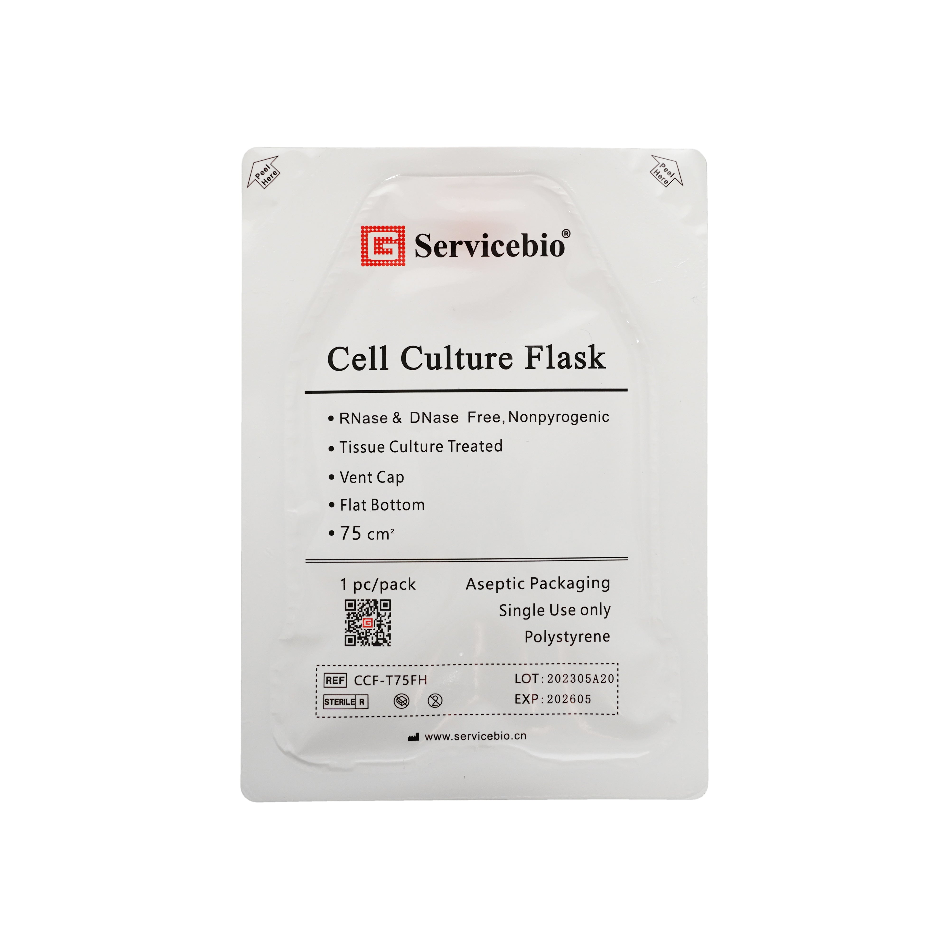 Cell culture flask, surface area 75 cm2, angled neck, vented cap. Individually packaged