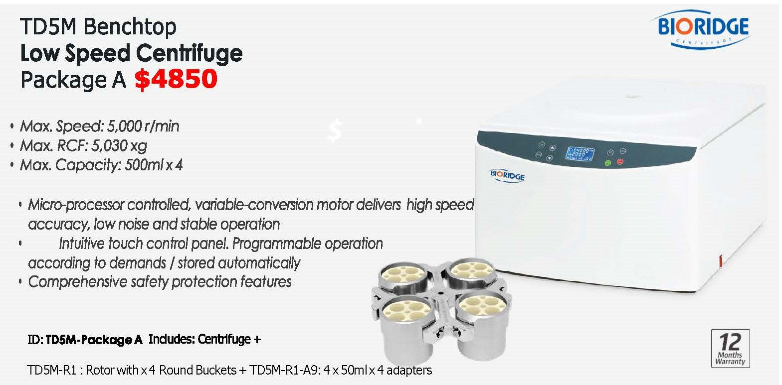 Centrifuge TD5M, inc Swing Out Rotor, 4x500ml buckets and 4x50ml adapters
