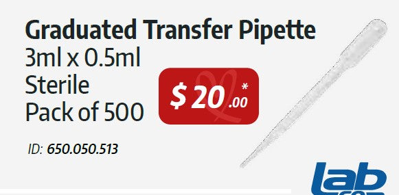 Pipette transfer Graduated 3ml x 0.5ml GS (Sterile in inner packs of 20) pack of 500