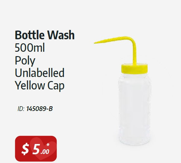 Bottle Wash poly 500ml Yellow cap, Wide Mouth, Unlabelled