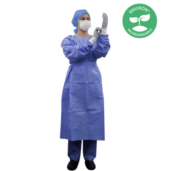 Gown, Disposable, Biodegradable, Elastic cuff, Neck and waist ties, blue