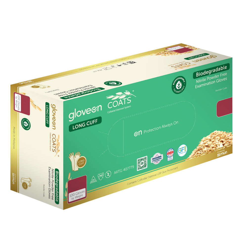Glove COATES, Nitrile Biodegradable, Colloidal Oatmeal coated, L cuff , Medium