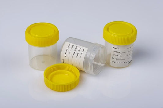 Container 70mL PS yellow PE cap sterile