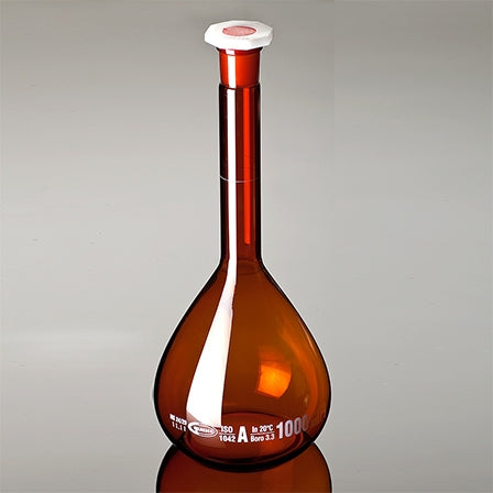 Flask Volumetric glass Amber 100ml 12/21 class A PP Stopper