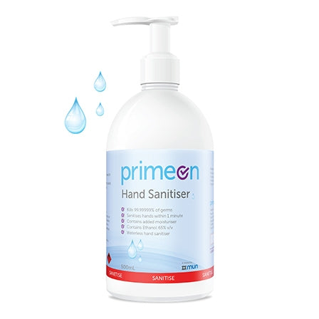 PrimeOn 500ml hand sanitiser in pump Dispenser Bottle. Kills 99.99999%